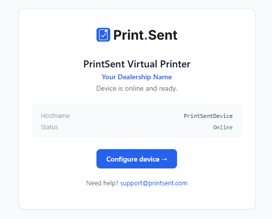 PrintSent device status page showing online status and configure button