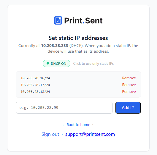 PrintSent device setup page for setting static IP addresses