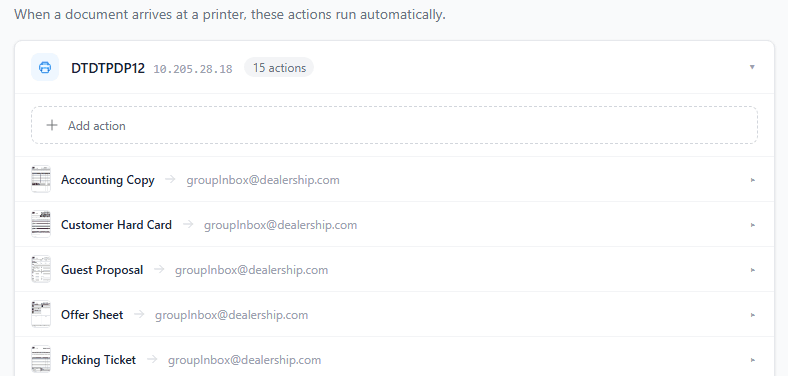 PrintSent email routing showing document types mapped to group inbox email addresses