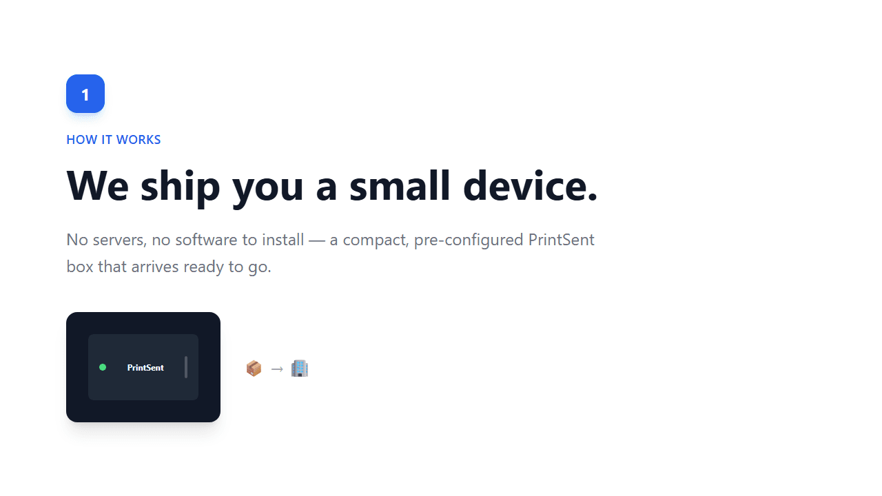 A compact, pre-configured PrintSent device ships ready to go — no servers and no software to install.