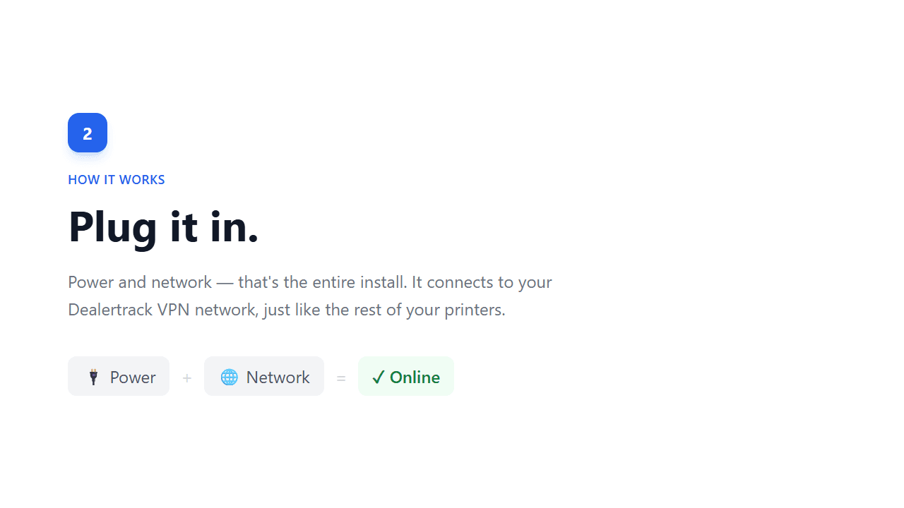 Step 2 — Plug it in. Power and network is the entire install; it joins your Dealertrack VPN network like any printer.
