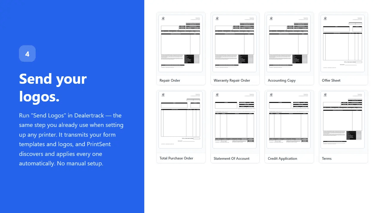 Send Logos from Dealertrack transmits your templates and logos, which PrintSent applies automatically.