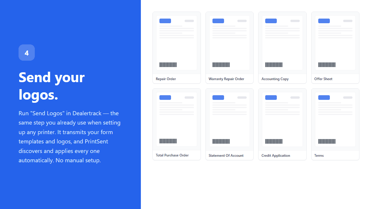 Send Logos from Dealertrack transmits your templates and logos, which PrintSent applies automatically.