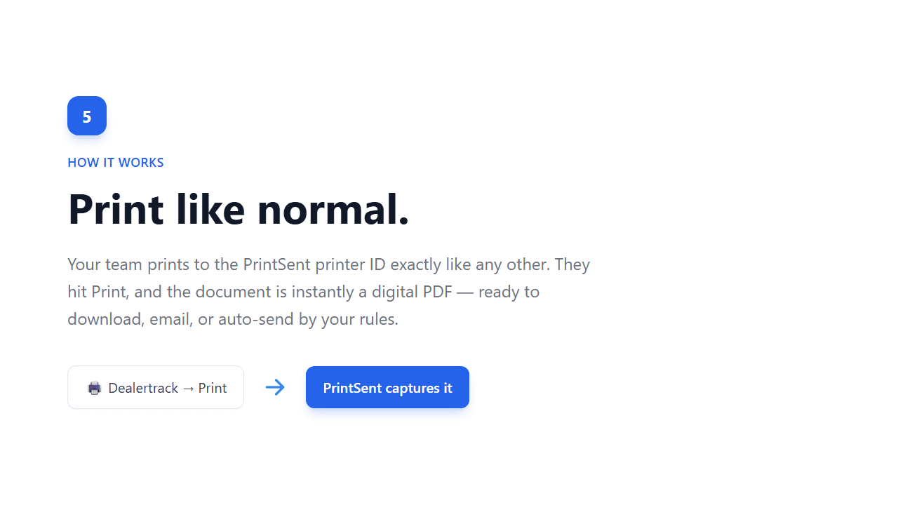 Step 5 — Print like normal. Staff hit Print and the document is instantly a digital PDF, ready to download, email, or auto-send.