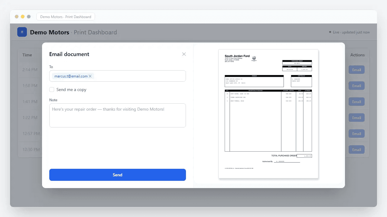 From any document, view, download, or print it on demand — or email it to the customer with a live preview and a personal note.