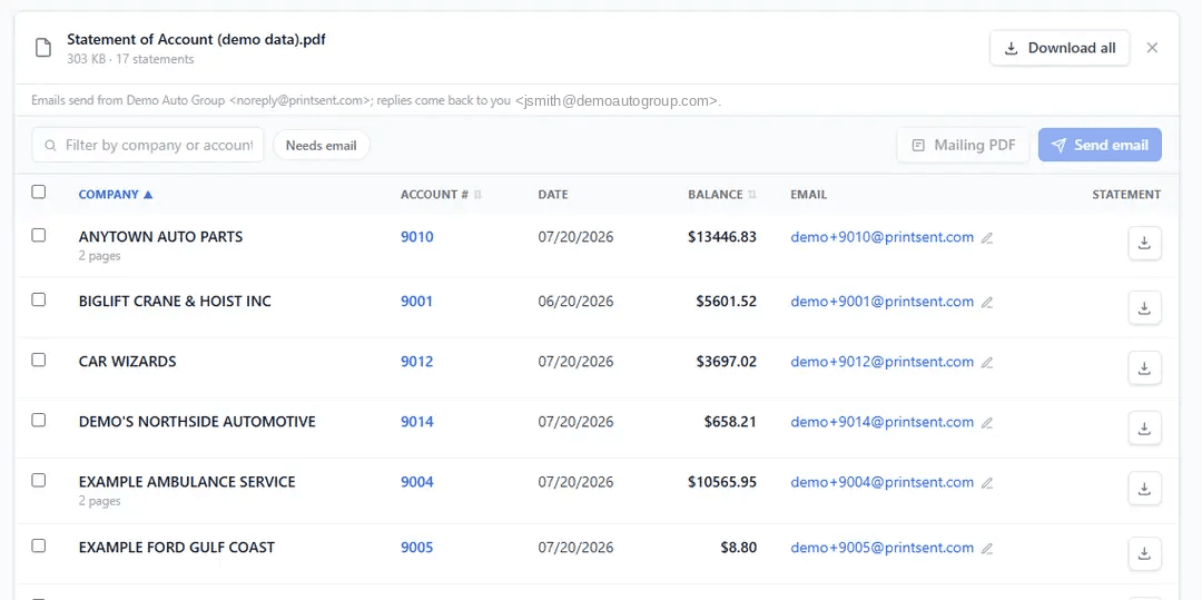 Statement Sender splits a Dealertrack Statement of Account PDF into one statement per vendor, each matched to a saved email address, with balances and page counts listed.