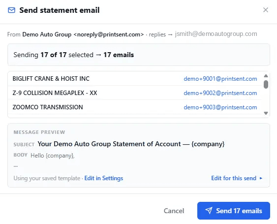 Statement Sender preview showing 17 vendor statements matched to their email addresses, ready to send in one click.