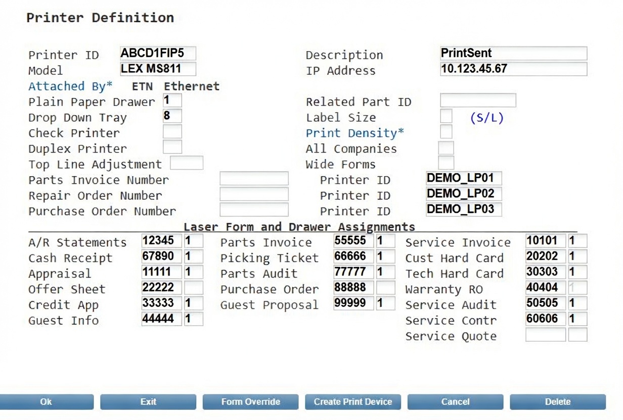 PrintSent being added as a printer inside Dealertrack, alongside the dealership's existing printers.