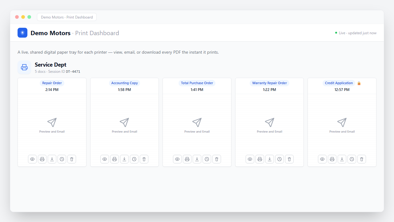 PrintSent dashboard showing a Service Dept tray with five documents that just printed — a repair order, accounting copy, total purchase order, warranty repair order, and credit application — each with preview, print, download, history, and delete controls.