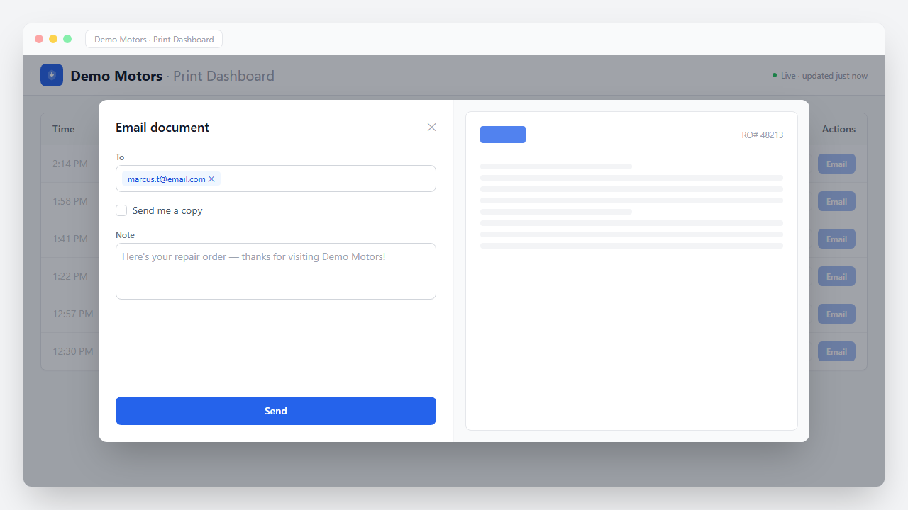 PrintSent document actions: email the PDF, download it, or send it to a physical printer.