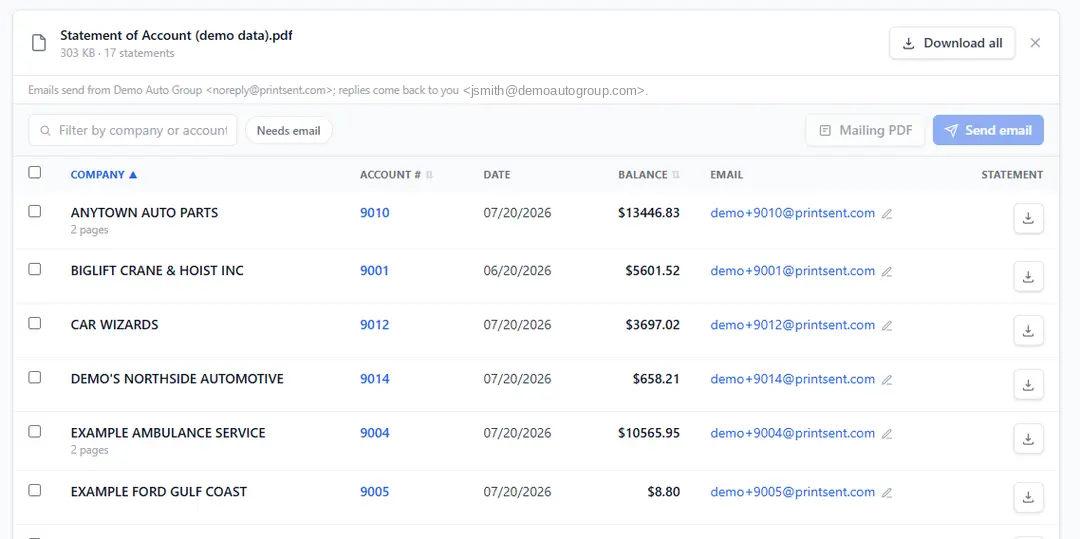 Statement Sender showing one Statement of Account PDF split into 17 individual statements, each with company name, account number, date, balance, and a matched email address.